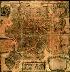 G. B. Falda: “Nuova pianta et alzata della città di Roma” (1676) aggiornata al 1756, acquaforte incollata su tela di sacco